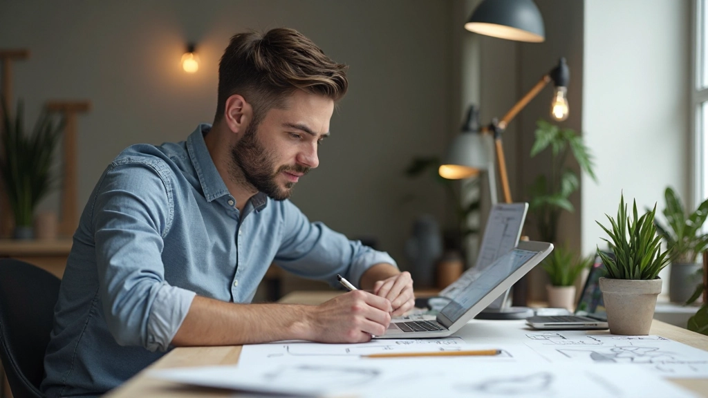 Designer arbeitet an Tablet und Designskizzen für einen Webshop-Layout