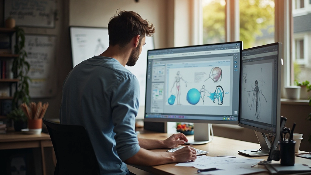 Designer arbeitet an Webshop-Mockups auf einem großen Monitor mit Designsoftware und Skizzen