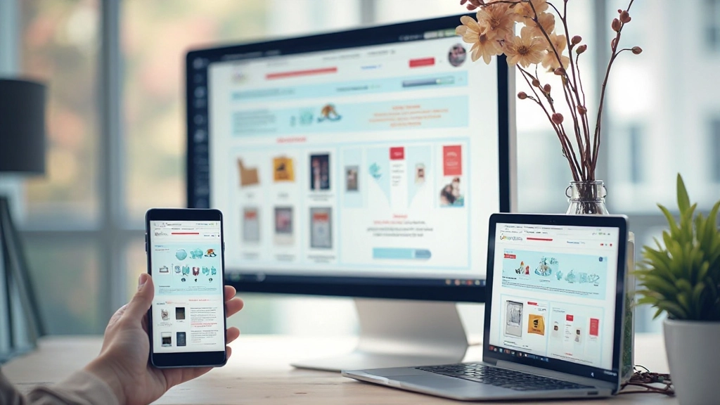 Responsive Design-Konzept mit mehreren Geräten nebeneinander zeigend, wie die gleiche Website auf Desktop, Tablet und Smartphone unterschiedlich angeordnet ist