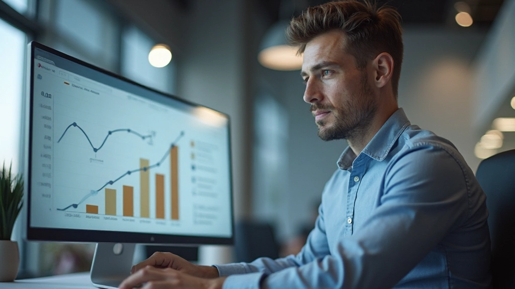 Professionelle Ansicht eines Conversion-Funnels mit verschiedenen Stufen von Besuchern zu Käufern, visuell dargestellt auf einem modernen Bildschirm