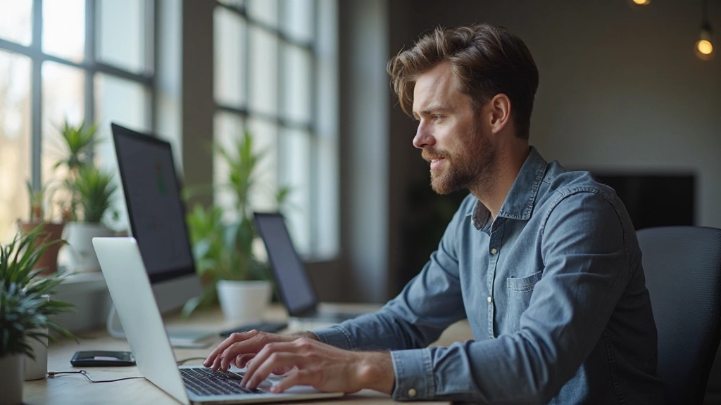 Webdesigner sitzt am Laptop und betrachtet Code und ein responsives Website-Layout auf mehreren Monitoren im Hintergrund